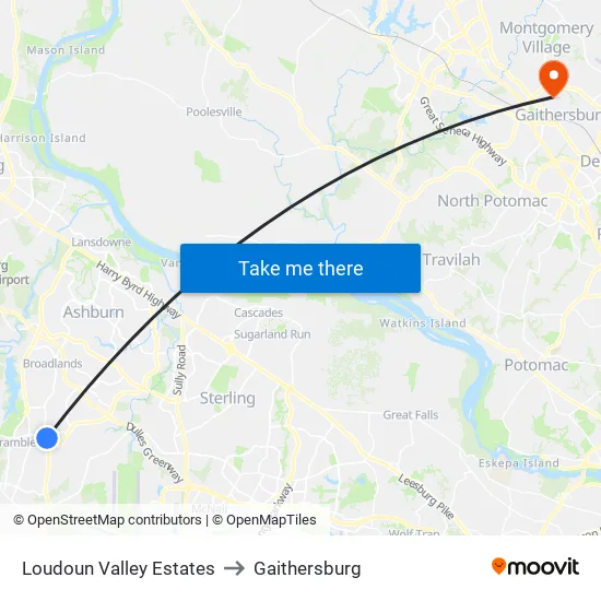 Loudoun Valley Estates to Gaithersburg map