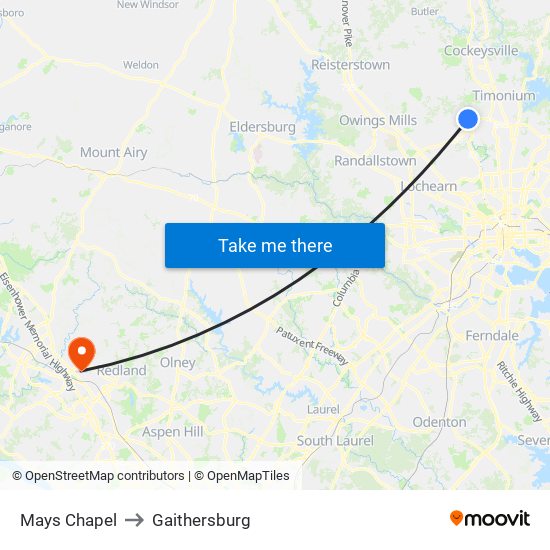 Mays Chapel to Gaithersburg map