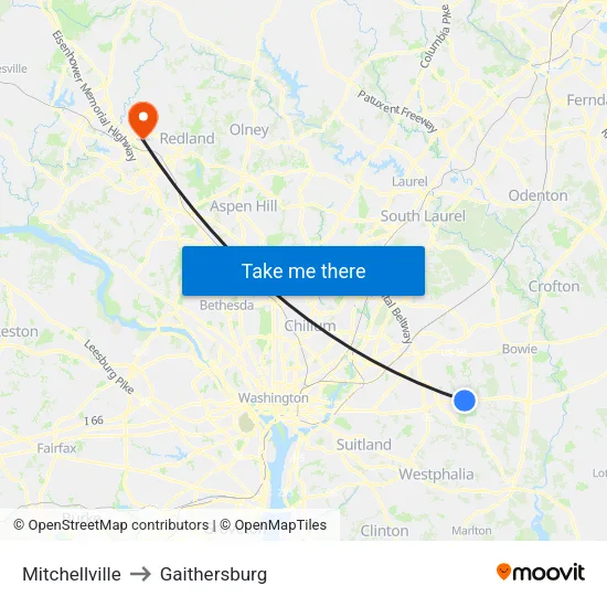 Mitchellville to Gaithersburg map