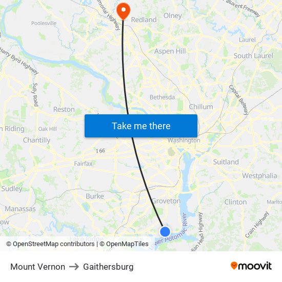 Mount Vernon to Gaithersburg map