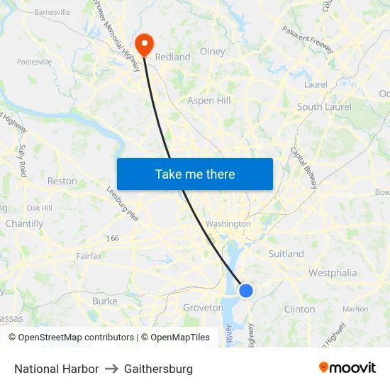 National Harbor to Gaithersburg map