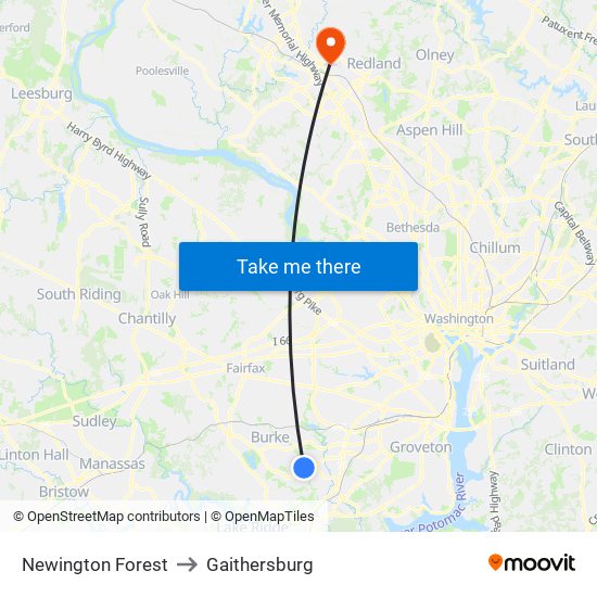 Newington Forest to Gaithersburg map