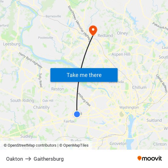 Oakton to Gaithersburg map