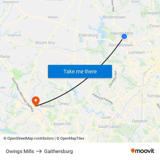 Owings Mills to Gaithersburg map