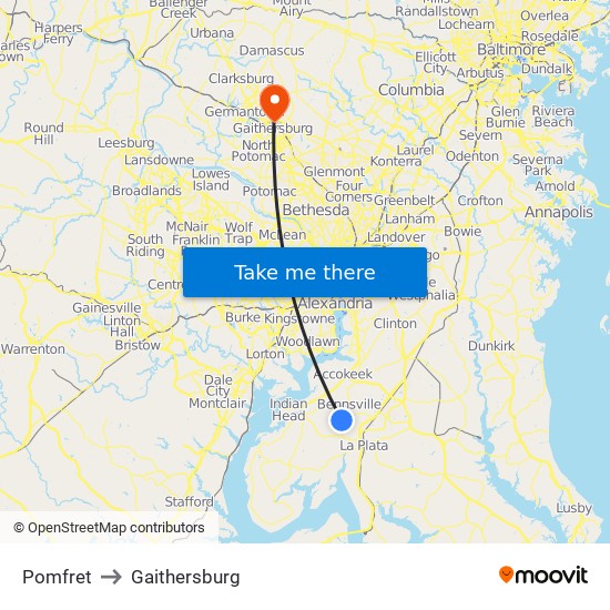 Pomfret to Gaithersburg map