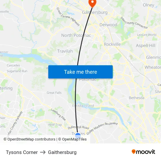 Tysons Corner to Gaithersburg map