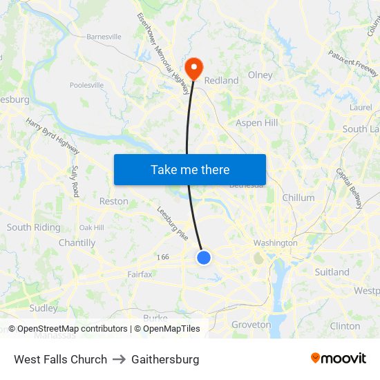 West Falls Church to Gaithersburg map