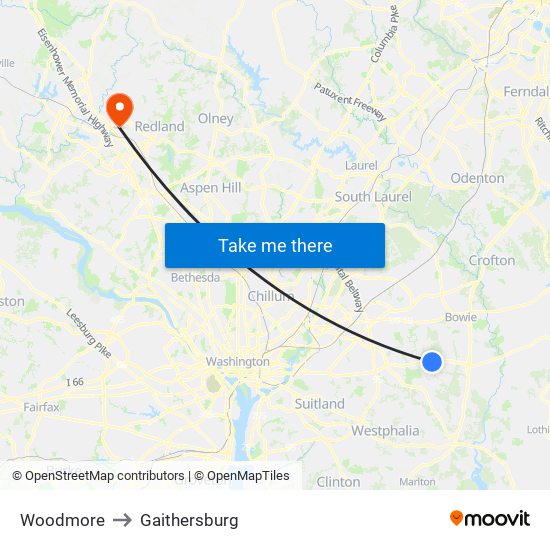 Woodmore to Gaithersburg map