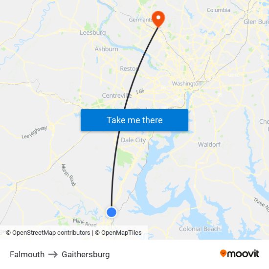 Falmouth to Gaithersburg map