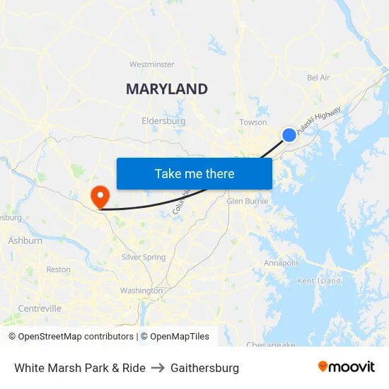 White Marsh Park & Ride to Gaithersburg map
