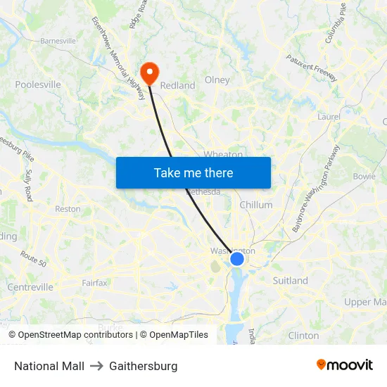 National Mall to Gaithersburg map