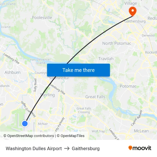 Washington Dulles Airport to Gaithersburg map
