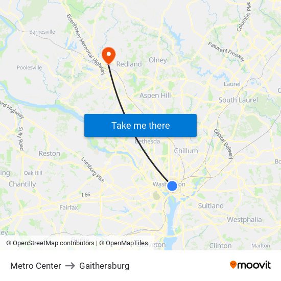 Metro Center to Gaithersburg map