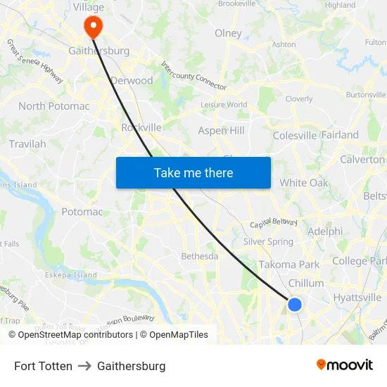 Fort Totten to Gaithersburg map