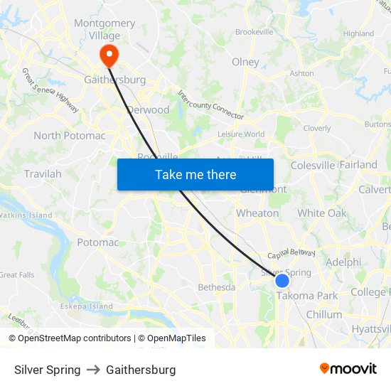 Silver Spring to Gaithersburg map