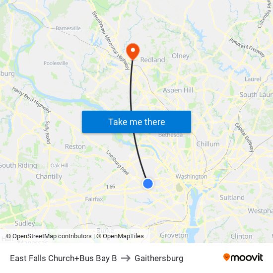 East Falls Church+Bay B to Gaithersburg map