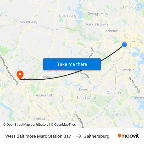 West Baltimore Marc Station Bay 1 to Gaithersburg map