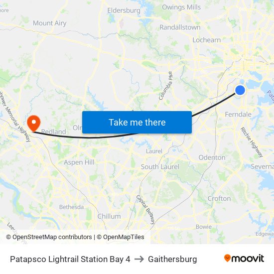 Patapsco Lightrail Station Bay 4 to Gaithersburg map