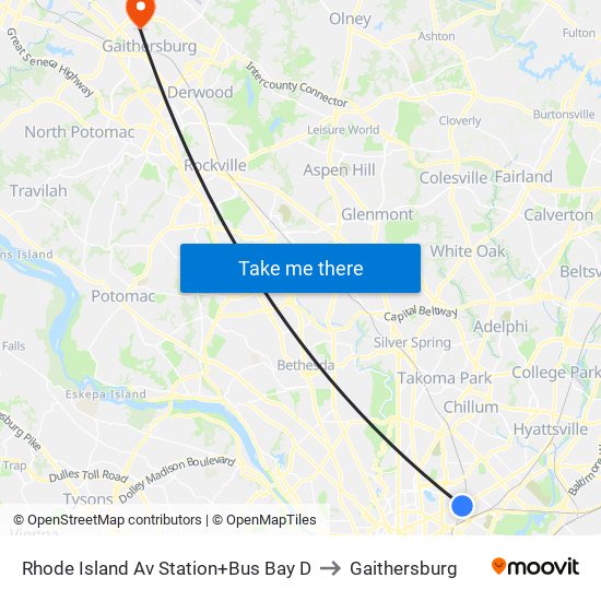 Rhode Island Ave-Brentwood+Bay D to Gaithersburg map