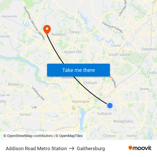 Addison Road Metro Station to Gaithersburg map