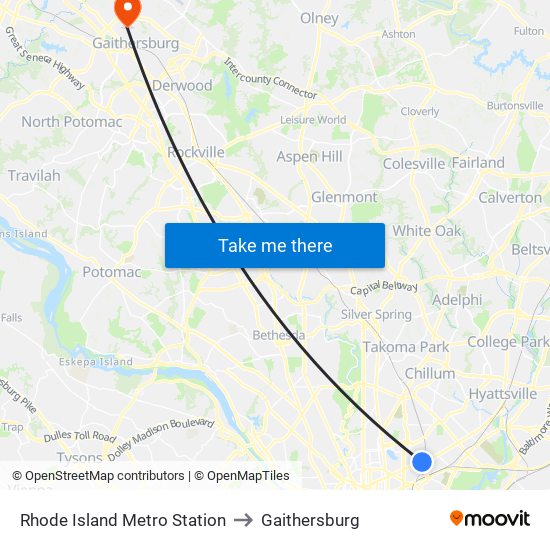 Rhode Island Metro Station to Gaithersburg map