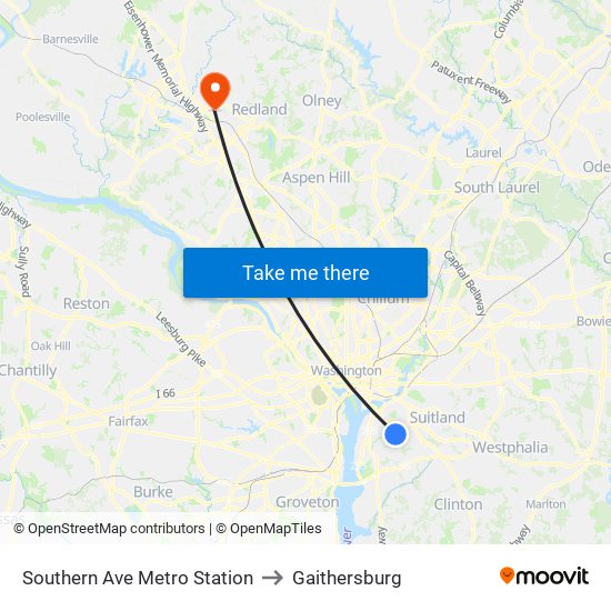 Southern Ave Metro Station to Gaithersburg map