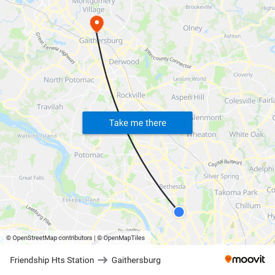 Friendship Hts Station to Gaithersburg map