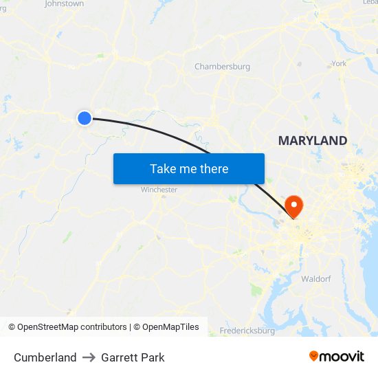 Cumberland to Garrett Park map