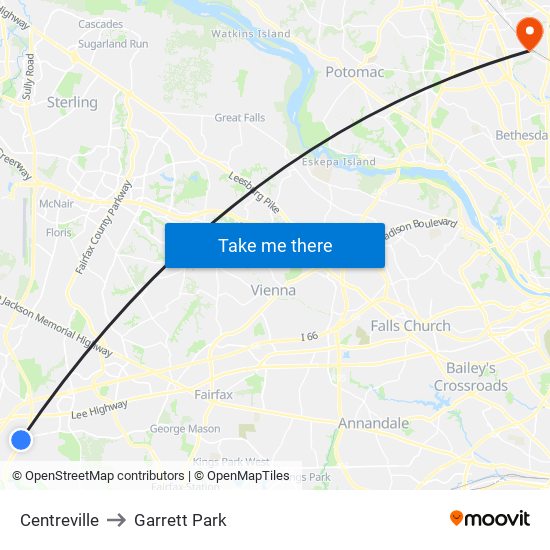 Centreville to Garrett Park map