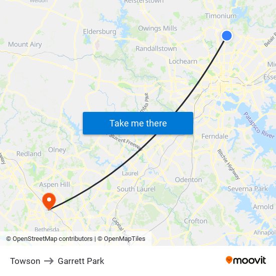 Towson to Garrett Park map