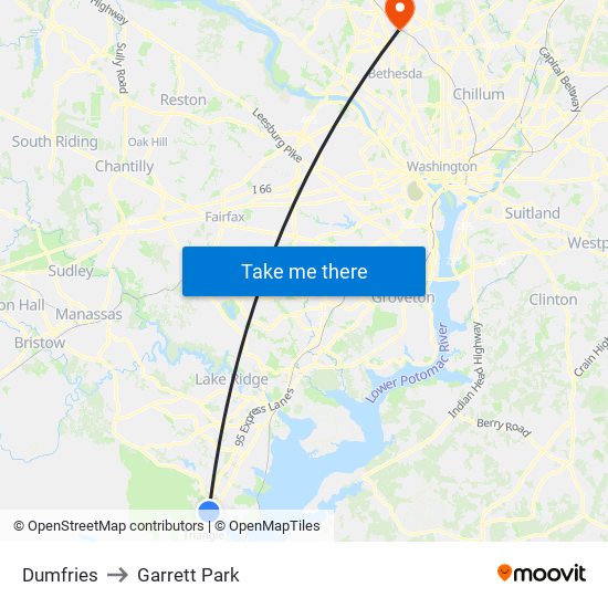 Dumfries to Garrett Park map