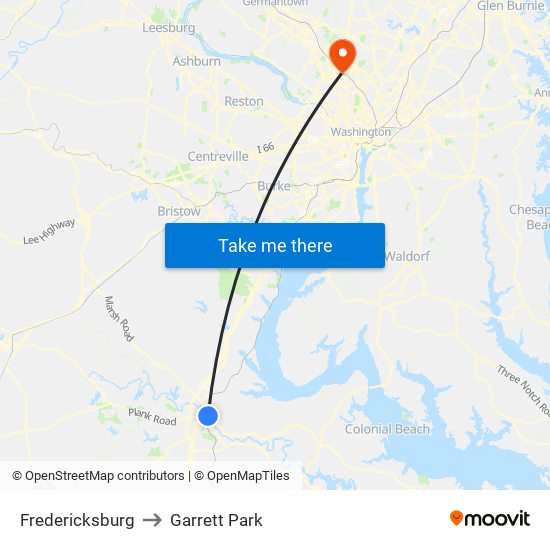 Fredericksburg to Garrett Park map