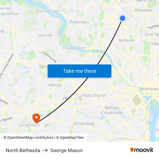 North Bethesda to George Mason map