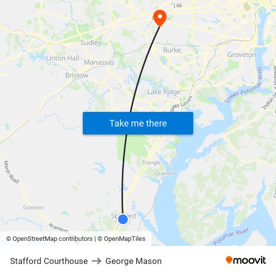 Stafford Courthouse to George Mason map