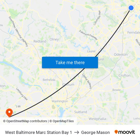 West Baltimore Marc Station Bay 1 to George Mason map