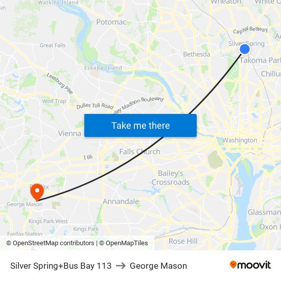 Silver Spring+Bus Bay 113 to George Mason map