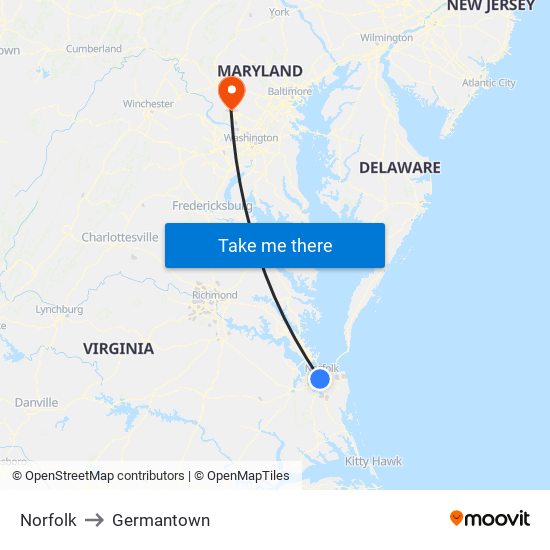 Norfolk to Germantown map