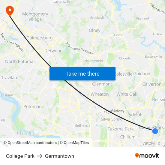 College Park to Germantown map