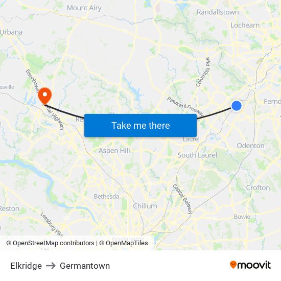 Elkridge to Germantown map
