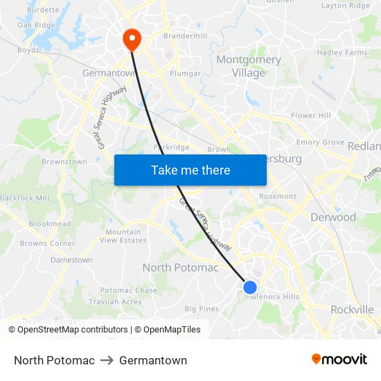 North Potomac to Germantown map