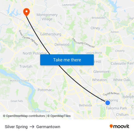 Silver Spring to Germantown map