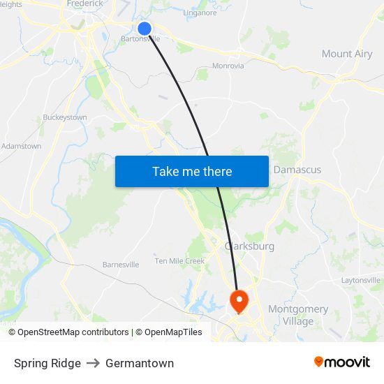 Spring Ridge to Germantown map