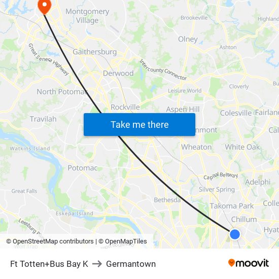 Fort Totten+Bay K to Germantown map