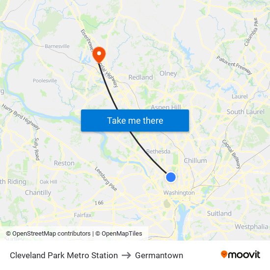 Cleveland Park Metro Station to Germantown map