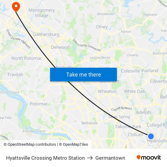 Hyattsville Crossing Metro Station to Germantown map