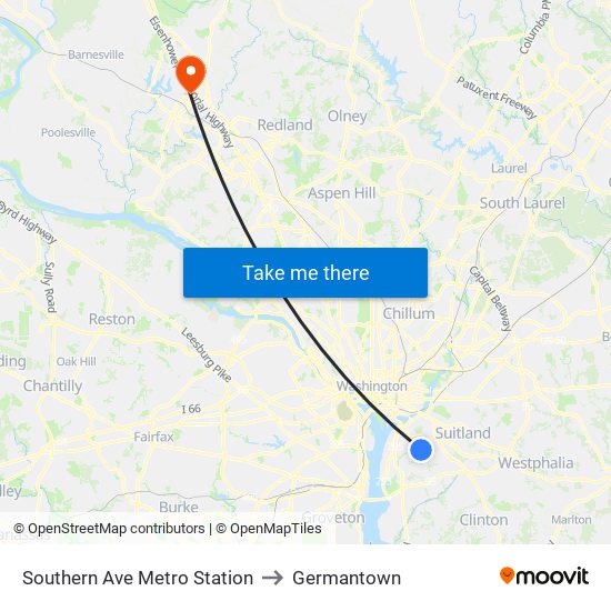 Southern Ave Metro Station to Germantown map