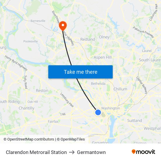 Clarendon Metrorail Station to Germantown map