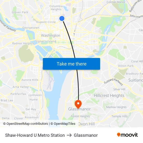 Shaw-Howard U Metro Station to Glassmanor map
