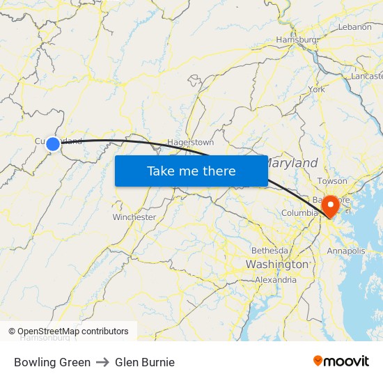 Bowling Green to Glen Burnie map