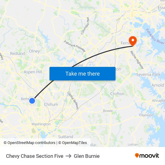 Chevy Chase Section Five to Glen Burnie map